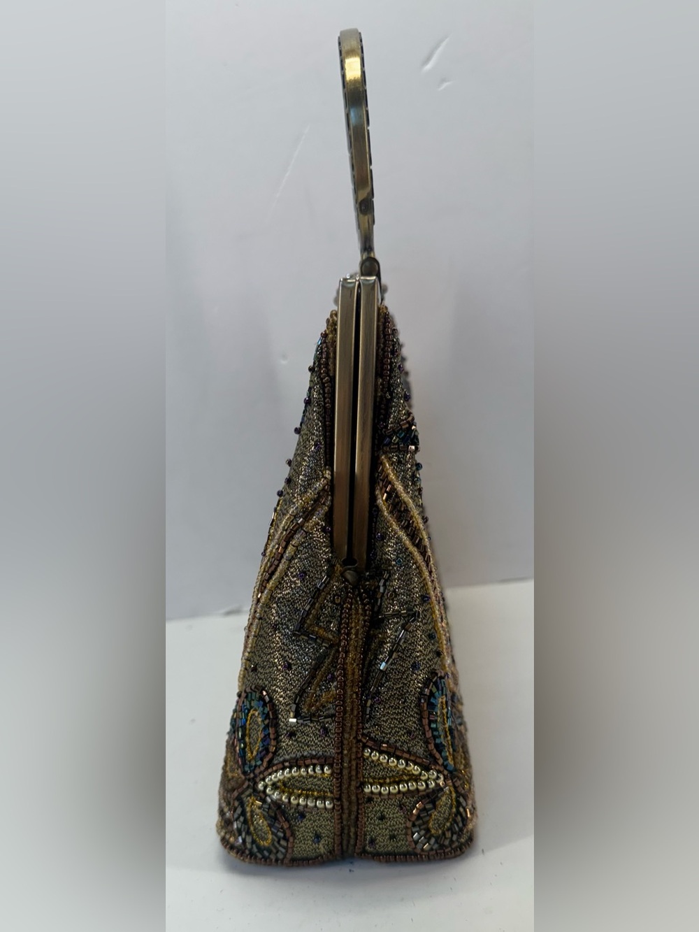 Vintage Fully Beaded Owl Metallic Gold Evening Clutch with Decorative Handle - Picture 3 of 16
